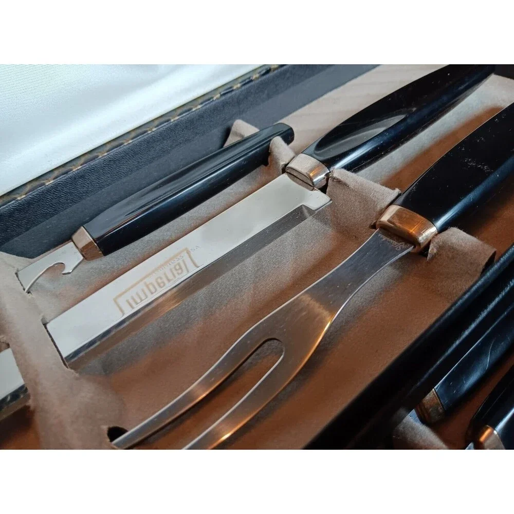 Vintage 1950 MCM Imperial Stainless 6 Carving Steak Knives & Meat Fork Set of 9